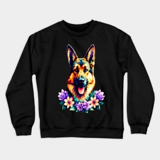 German Shepherd Dog Surrounded by Beautiful Spring Flowers Crewneck Sweatshirt